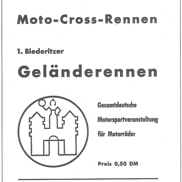 Plakat für ein Moto-Cross-Rennen am 31. März 1957 in Biederitz, inklusive Preisangabe und Veranstalterinformation.