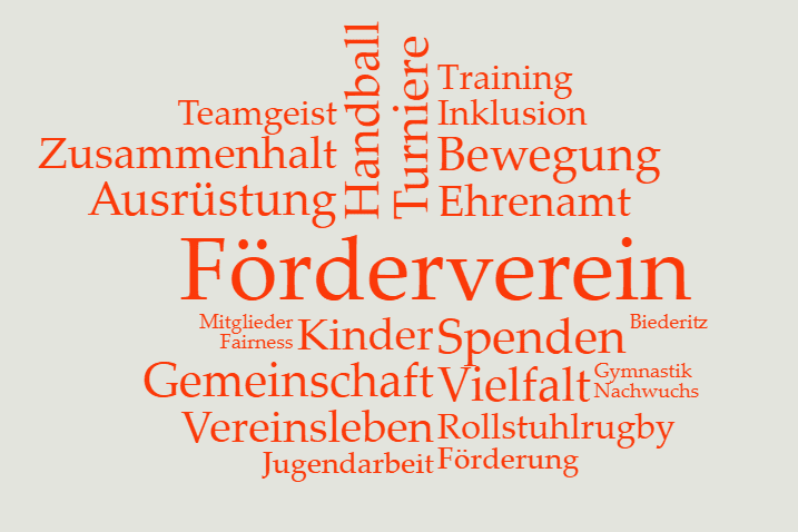 Wortwolke mit Begriffen wie "F&ouml;rderverein", "Handball", "Inklusion" und "Teamgeist" in verschiedenen Gr&ouml;&szlig;en und Farben.