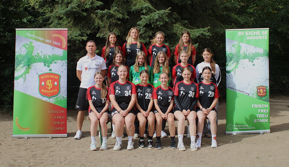 Gruppenfoto einer weiblichen Handballmannschaft mit Trainer, Stehend und sitzend auf Sandboden, umrahmt von Werbebanner.