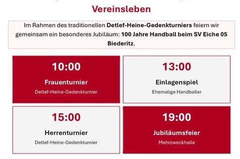 Einladung zum 100-j&auml;hrigen Jubil&auml;um des Handballs beim SV Eiche 05 Biederitz mit Turnier- und Feierzeitplan.