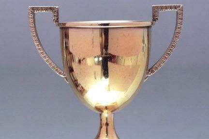 Goldener Pokal mit zwei Griffen vor grauem Hintergrund.
