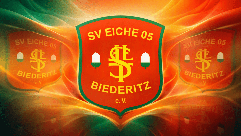 Wappen des SV Eiche 05 Biederitz in Rot und Gold auf einem farbenfrohen Hintergrund.