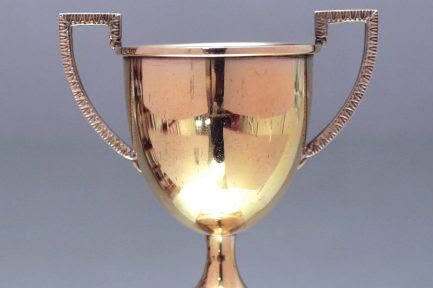 Goldener Pokal mit zwei Griffen vor grauem Hintergrund.