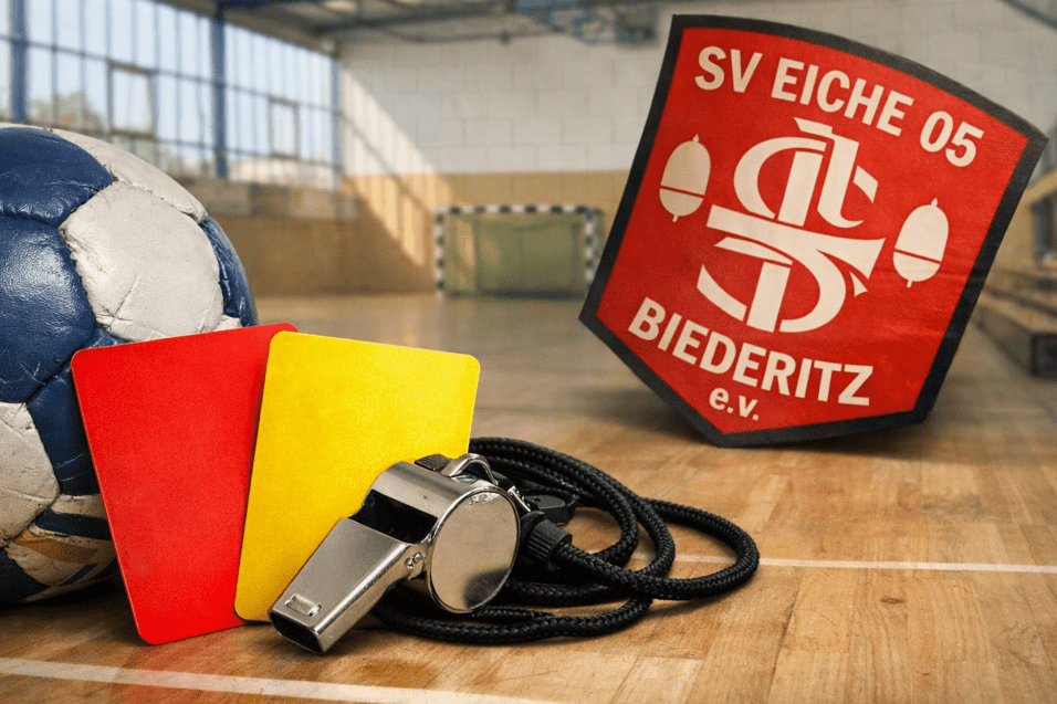 Fu&szlig;ball, rote und gelbe Karten sowie ein Schiedsrichterpfeife vor dem Vereinswappen von SV Eiche 05 Biederitz.