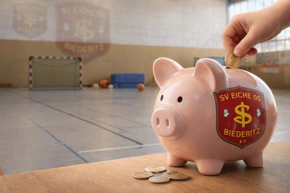 Hand legt M&uuml;nze in ein Sparschwein mit Logo des SV Eiche 05 Biederitz, im Hintergrund eine Sporthalle und Spielger&auml;te.