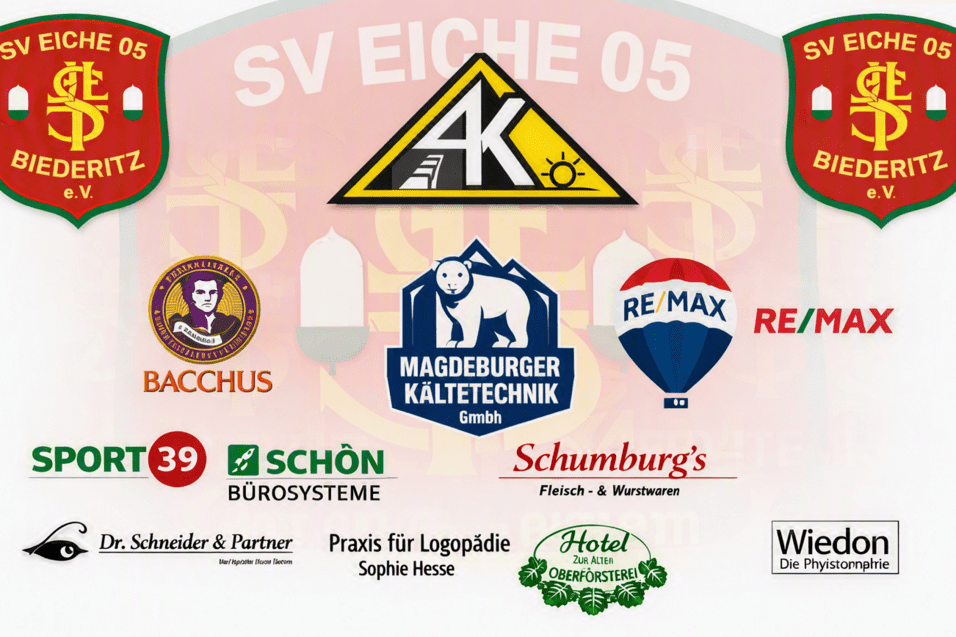 Logo der SV Eiche 05 Biederitz mit Sponsoren, darunter Magdeburger K&auml;ltetechnik und RE/MAX, auf einem roten Hintergrund.