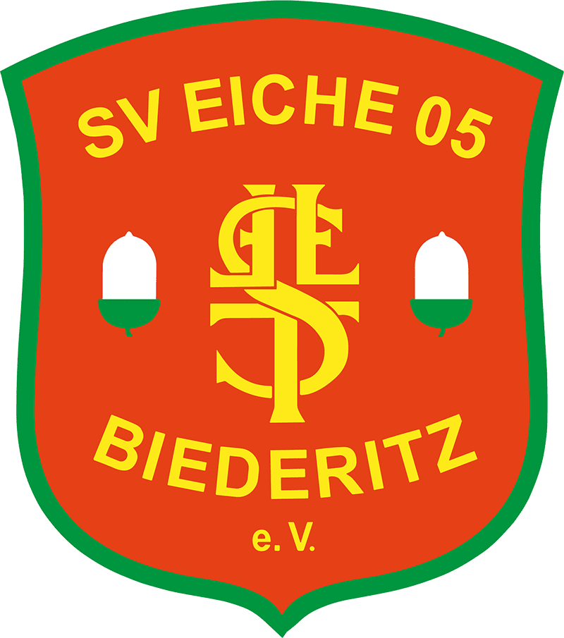 Logo des SV Eiche 05 Biederitz mit rotem Hintergrund, gelber Schrift und Eichel-Symbolen auf beiden Seiten.