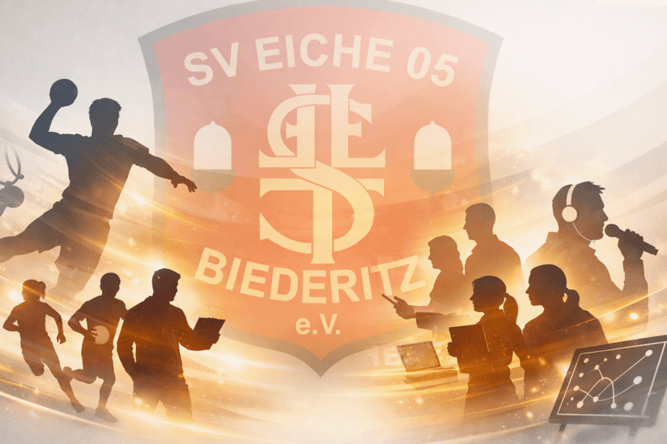 Silhouette von verschiedenen Sportlern und Trainern vor dem Logo des SV Eiche 05 Biederitz auf einem leuchtenden Hintergrund.
