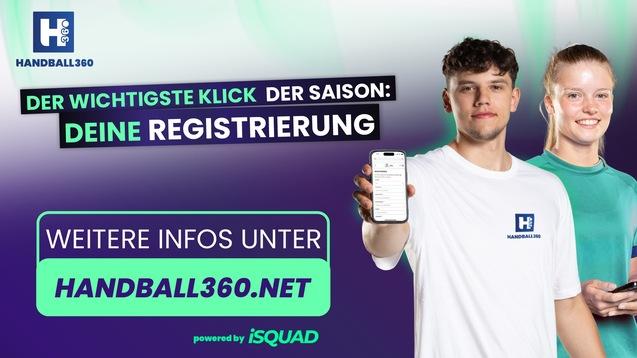 Junge Erwachsene halten Smartphones, Hintergrund mit Handball-Logo und Text zu Registrierung auf handball360.net.