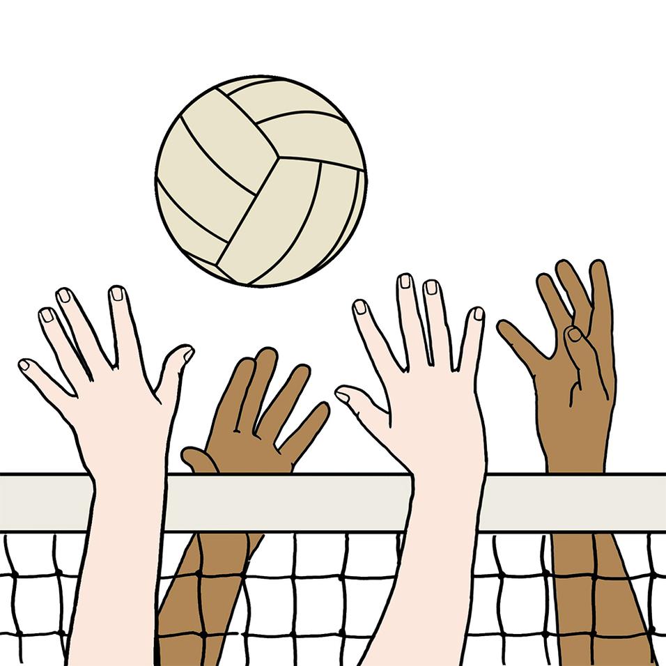 Hände verschiedener Hauttöne heben sich, um einen Volleyball über ein Netz zu spielen.