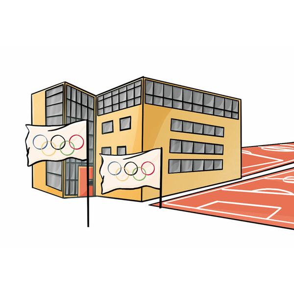 Illustration eines modernen Gebäudes mit Olympiadrähte-Flaggen und einem roten Sportplatz im Vordergrund.
