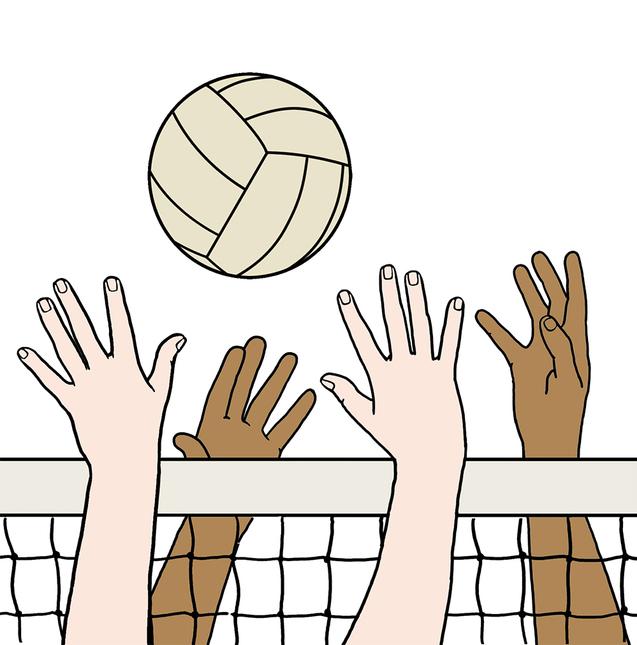 Hände verschiedener Hauttöne heben sich, um einen Volleyball über ein Netz zu spielen.