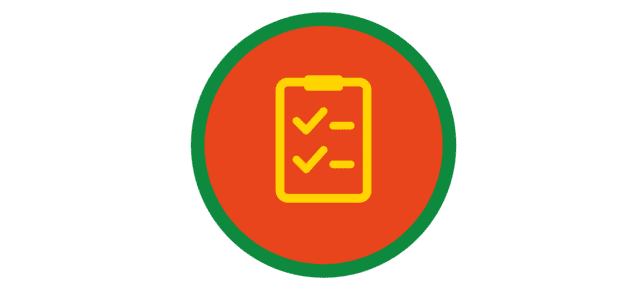 Icon eines Notizblocks mit zwei abgehakten Checklisten, umgeben von einem roten Kreis mit gr&uuml;nem Rand.