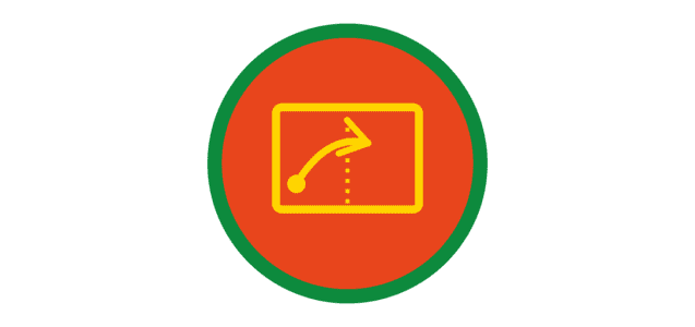 Symbol mit gelber Linie und Punkt, der eine Richtungs&auml;nderung auf rotem Hintergrund in einem gr&uuml;nen Kreis darstellt.