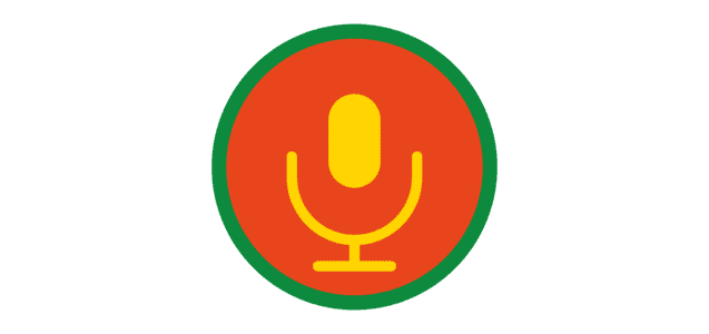 Mikrofon-Icon in gelb vor orangefarbenem Hintergrund, umgeben von einem gr&uuml;nen Kreis.
