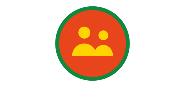 Symbol mit zwei gelben Silhouetten auf rotem Hintergrund, umgeben von einem gr&uuml;nen Kreis.