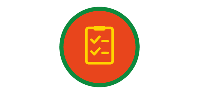 Icon eines Notizblocks mit zwei abgehakten Checklisten, umgeben von einem roten Kreis mit gr&uuml;nem Rand.