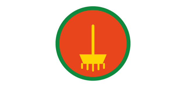 Symbol eines gelben Rechen mit Stiel auf einem roten Hintergrund, umrandet von einem gr&uuml;nen Kreis.