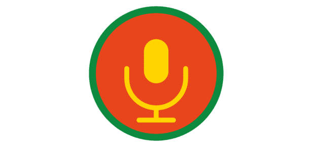 Mikrofon-Icon in gelb vor orangefarbenem Hintergrund, umgeben von einem gr&uuml;nen Kreis.