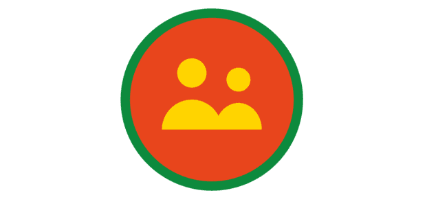 Symbol mit zwei gelben Silhouetten auf rotem Hintergrund, umgeben von einem gr&uuml;nen Kreis.