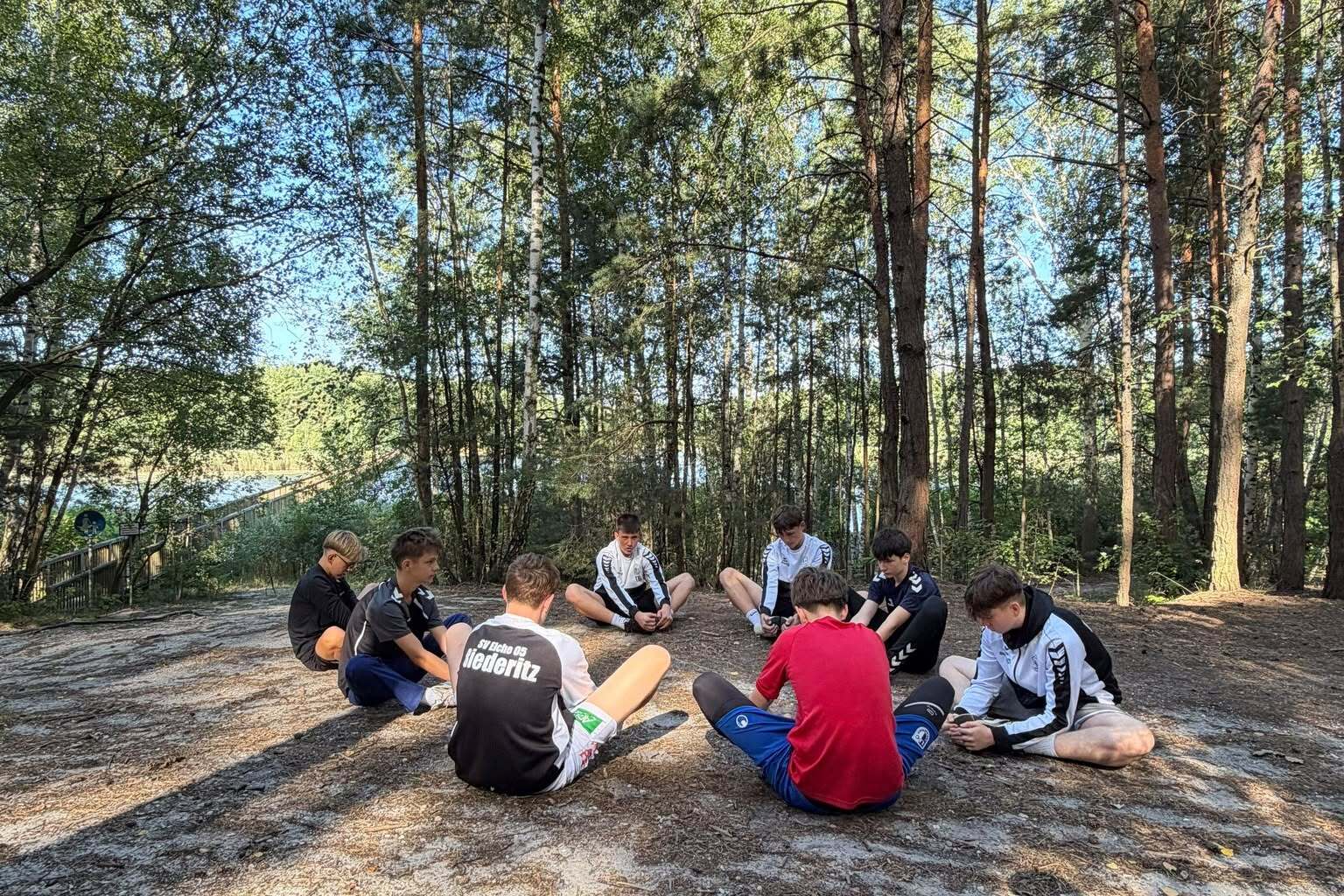 Gruppe von Jugendlichen sitzt im Kreis auf dem Boden im Wald, umgeben von hohen Bäumen und natürlichem Licht.