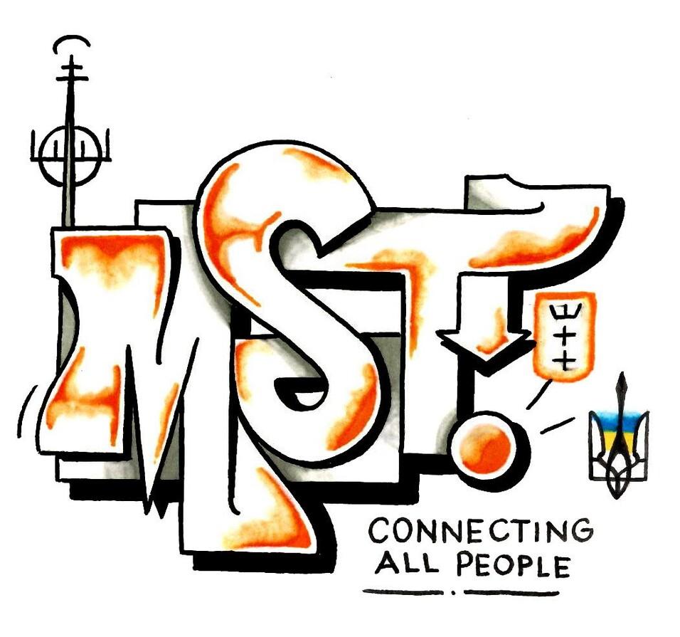 Graffiti-Art mit der Aufschrift „MST! CONNECTING ALL PEOPLE“ und einem stilisierten Ukrainischen Wappen.