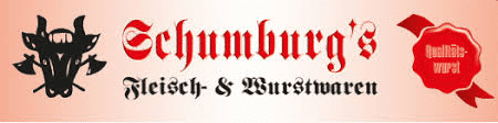 Logo von Schumburg's Fleisch- & Wurstwaren, im Hintergrund eine stilisierte Kuh und das Wort „Qualitätsware“ in Rot.