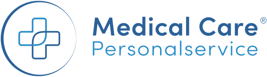 Logo von Medical Care Personalservice mit rotem Kreuz und geschwungener Linie, kombiniert mit Schriftzug in Blau.