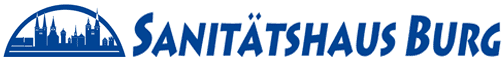 Logo des Sanitätshauses Burg mit stilisiertem Stadtsilhouette und blauem Schriftzug.