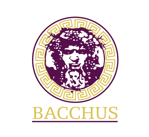 Logo mit einem antiken Gesicht von Bacchus in einem runden Rahmen und goldenen griechischen Ornamenten, Schriftzug &bdquo;BACCHUS&ldquo; darunter.