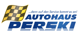 Logo des Autohauses Pereki mit Rennflagge und Slogan: &bdquo;...denn auf den Service kommt es an!&ldquo; in blau-gelber Schrift.
