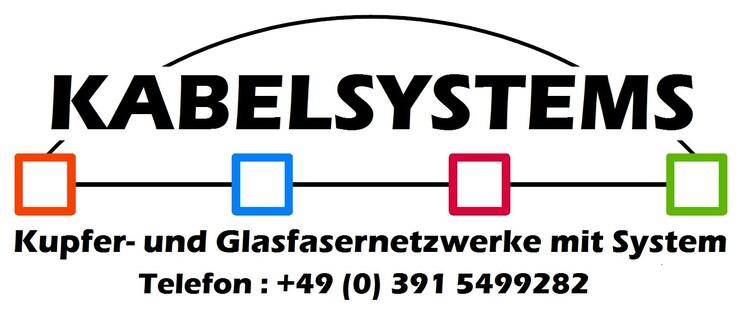 Logo von KABELSYSTEMS mit dem Slogan &bdquo;Kupfer- und Glasfaser-netzwerke mit System&ldquo; und Kontaktnummer.