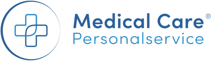 Logo von Medical Care Personalservice mit rotem Kreuz und geschwungener Linie, kombiniert mit Schriftzug in Blau.