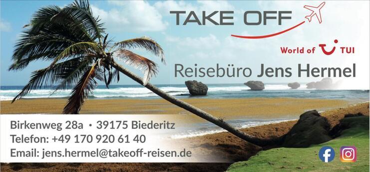 Reiseb&uuml;rologo &bdquo;Take Off&ldquo; mit Palmen und Strandlandschaft, Kontaktinformationen und TUI-Logo.